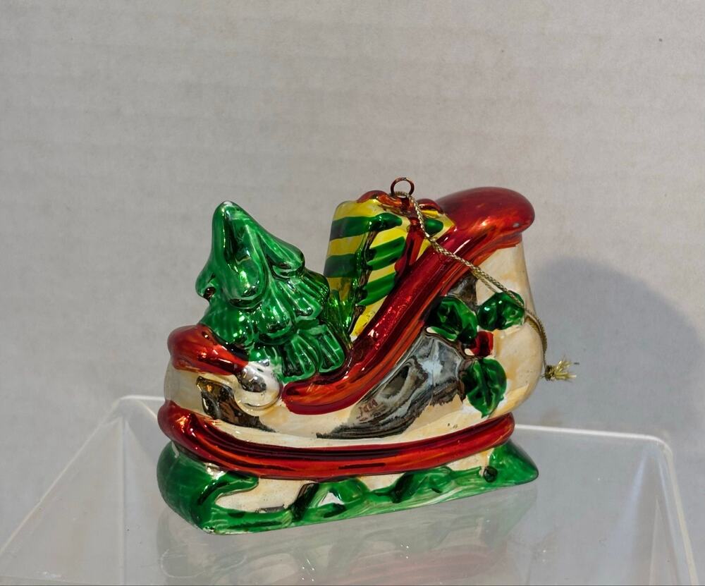 Vtg silver tone sleigh hand painted mercury glass Christmas ornament